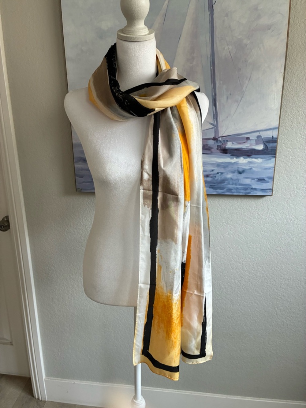 White House Black Market Yellow and Black Abstract Silk Scarf